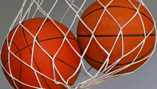 Two basketballs hanging in a net bag